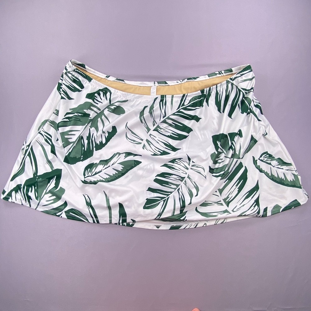 Cacique Swim Skirt Women 34 White Green Tropical Leaf Plus Size Beach Vacation